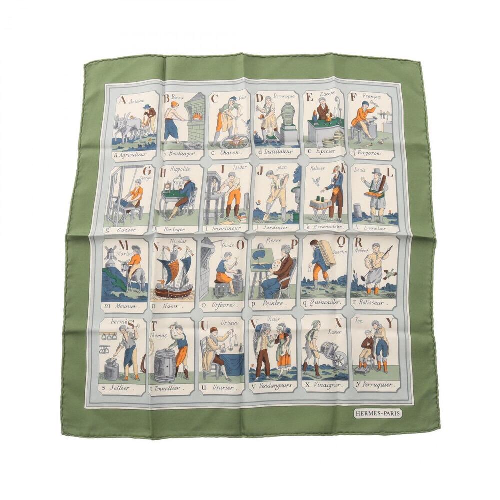 Hermes Petit Carré 45 L'ALPHABET DES METIERS Scarf Muffler Silk Women's Green...